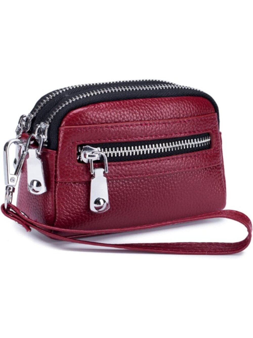 Stylish Genuine Leather Mini Wristlet Wallet for Women, 3 Zipped Coin Pouch
